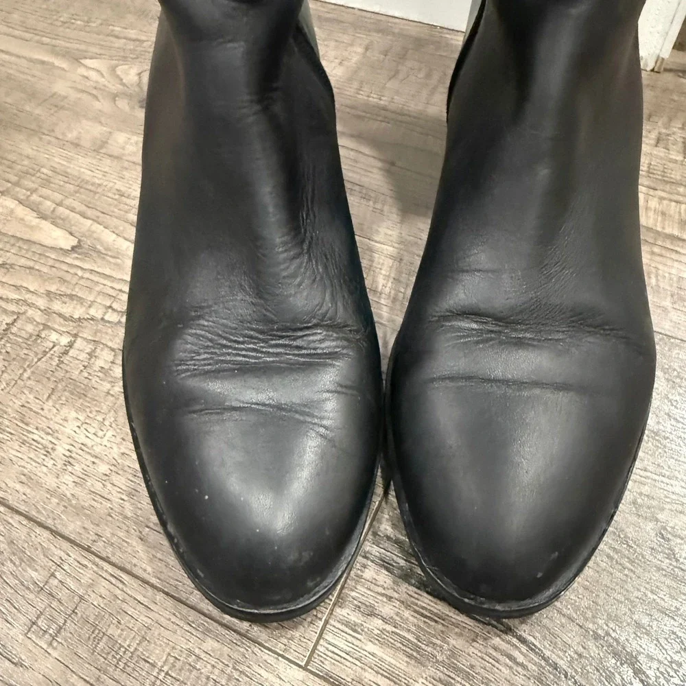 Via Spiga Womens Black Leather Over The Knee Block Heel Boots Almond Toe Zip